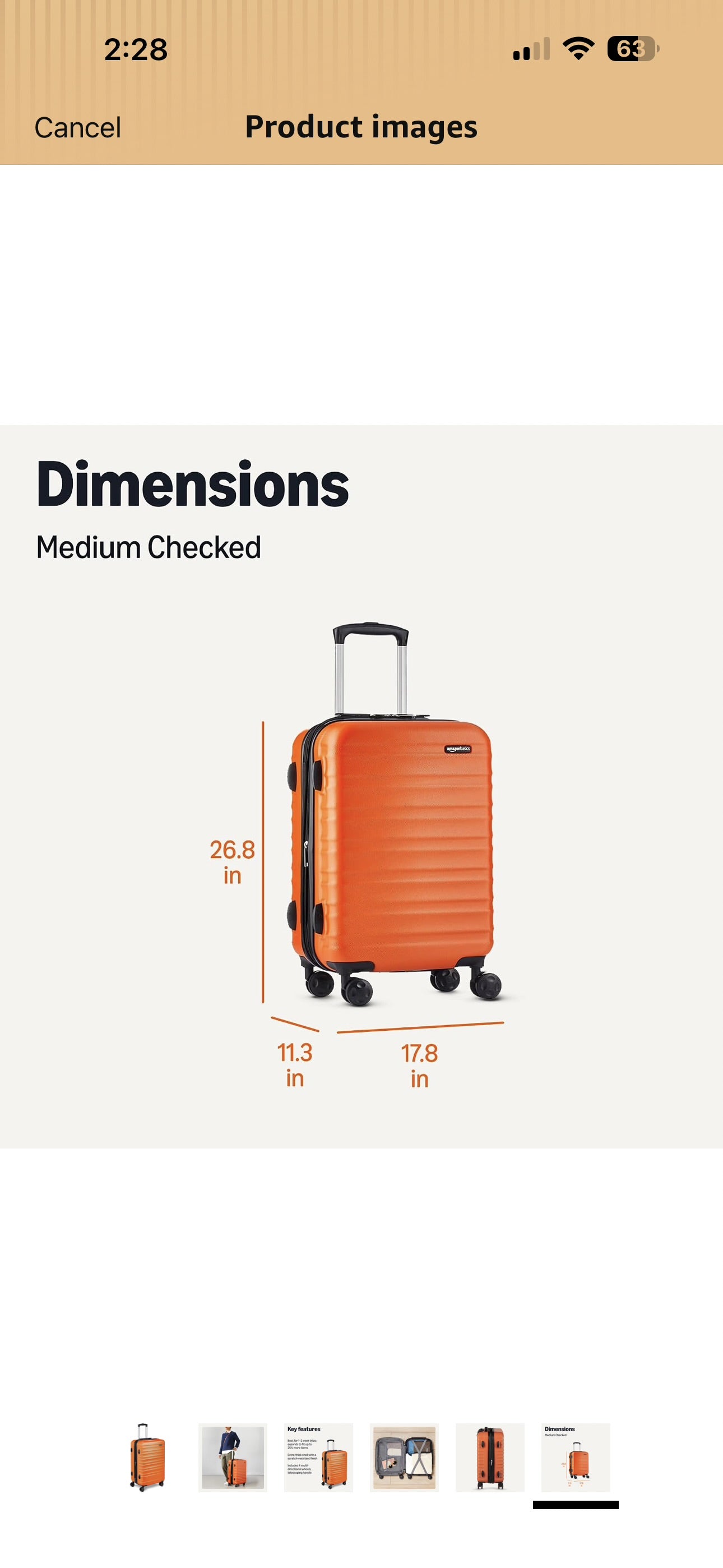 Amazon Basics 26" Hardside Medium Checked Luggage, Expandable Hardshell Suitcase with Wheels, Scratch-Resistant Surface, Four Multi-directional Wheels, Orange