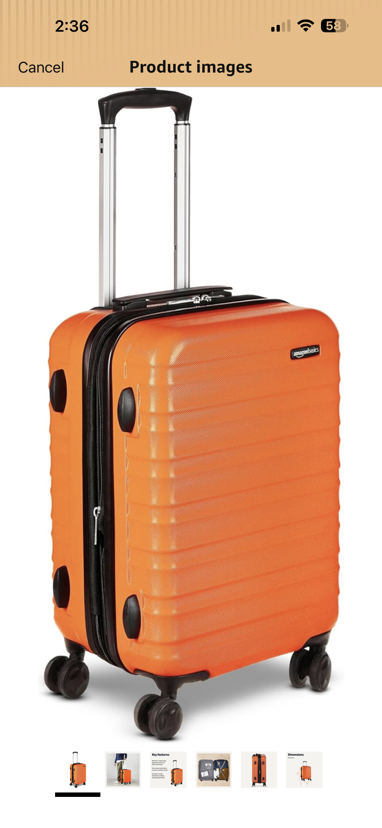 Amazon Basics 21" Hardside Carry-On Luggage with Spinner Wheels, Expandable for Up to 25% More Space, Scratch-Resistant Hardshell Suitcase, Telescoping Handle, Orange