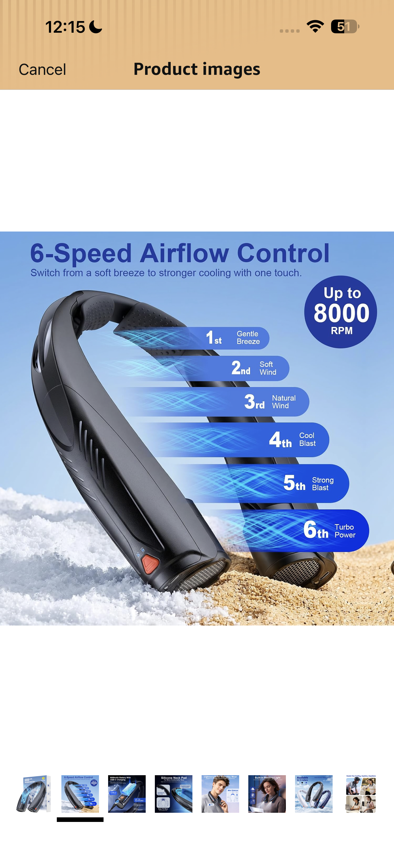 Portable Neck Fan with Reading Light, 6000mAh USB-C Rechargeable Hands Free Fan, 6-Speed Wearable Fan, 360° Cooling Summer Gifts for Men Women, Travel, Camping, Outdoor Work - Black