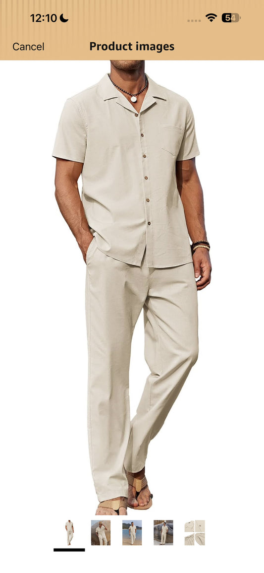 COOFANDY Men 2 Piece Linen Outfit Beach Button Down Shirt Casual Loose Pant Sets