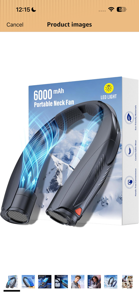 Portable Neck Fan with Reading Light, 6000mAh USB-C Rechargeable Hands Free Fan, 6-Speed Wearable Fan, 360° Cooling Summer Gifts for Men Women, Travel, Camping, Outdoor Work - Black