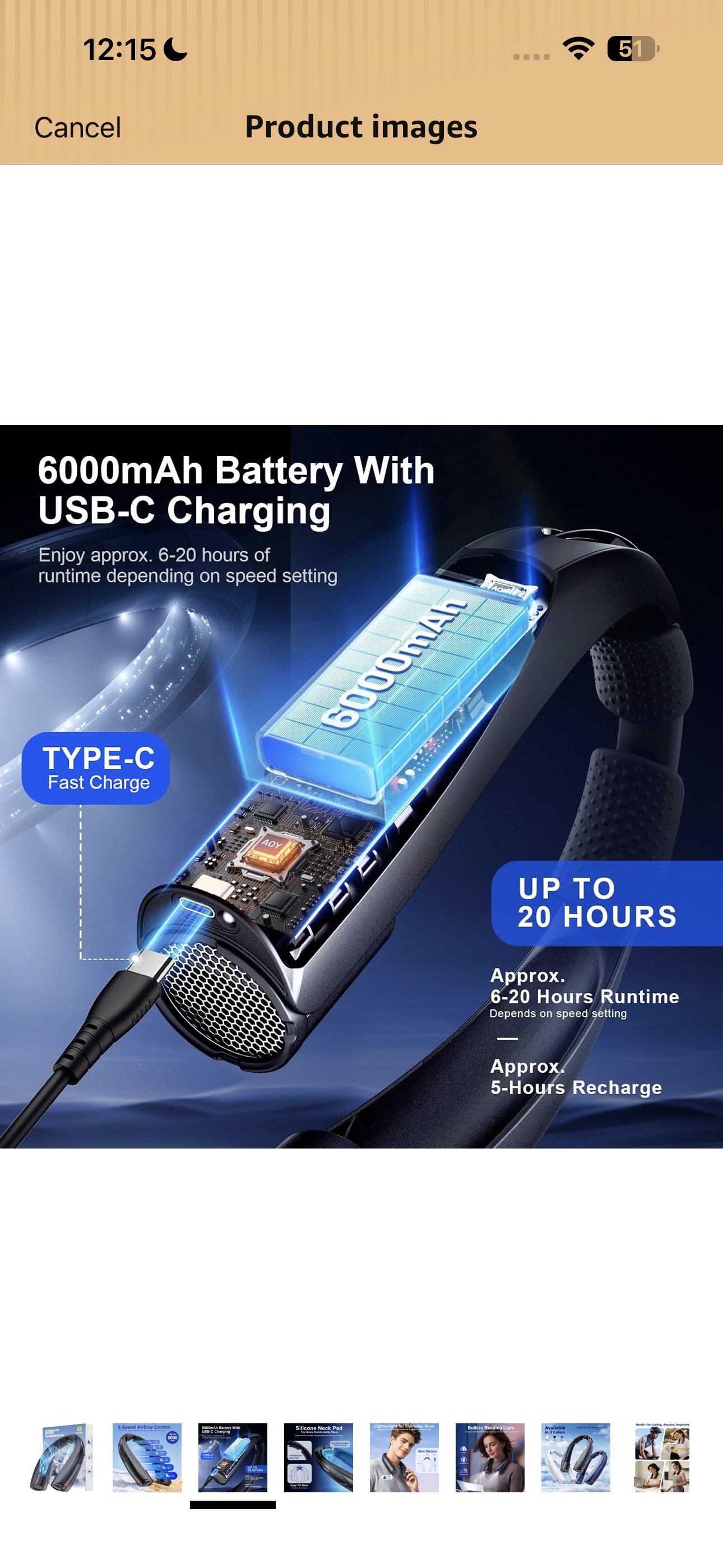 Portable Neck Fan with Reading Light, 6000mAh USB-C Rechargeable Hands Free Fan, 6-Speed Wearable Fan, 360° Cooling Summer Gifts for Men Women, Travel, Camping, Outdoor Work - Black